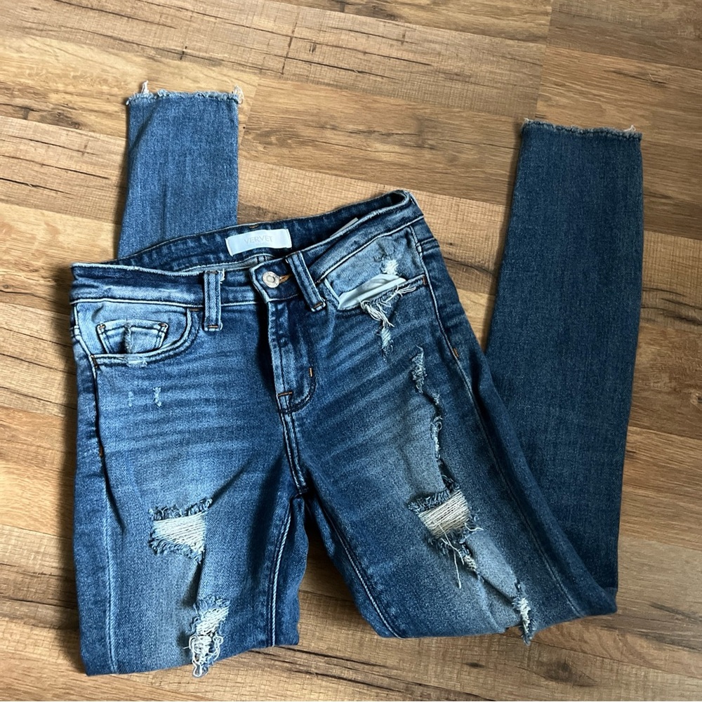 Vervet Skinny Jeans Woman Sz 25 Blue Distressed Stretch Denim Raw Hem Pants